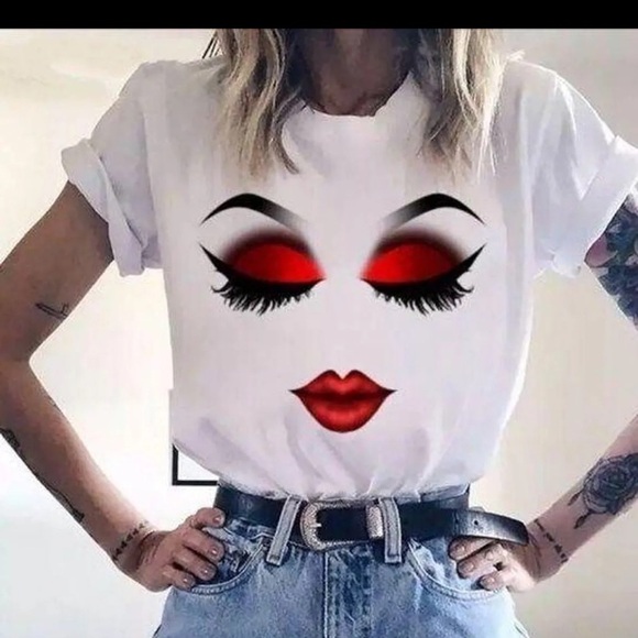 Red and White Short Sleeve Tee with Graphic Makeup Design NWOT - Picture 1 of 5